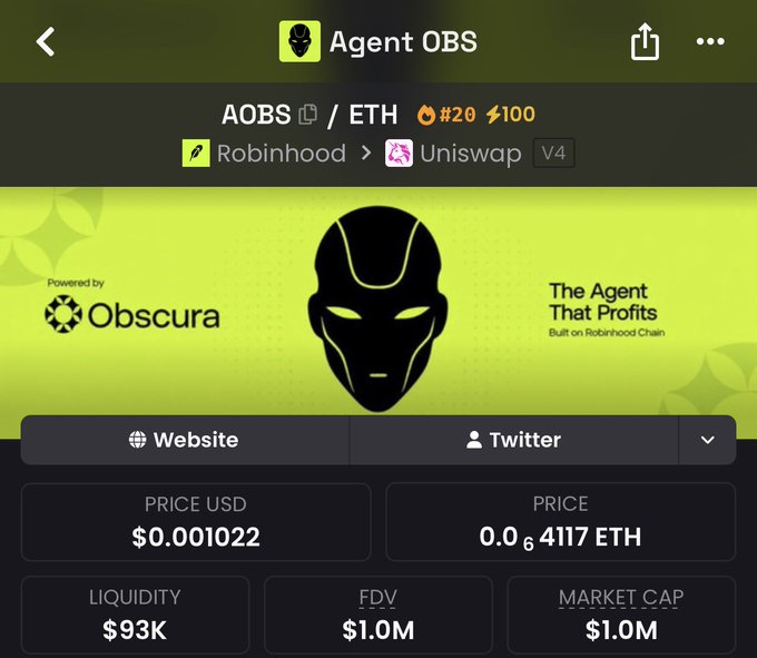 A screenshot of the Agent OBS (AOBS/ETH) token trading page on Uniswap V4 shows a price of $0.001022 with $93K liquidity and a $1.0M FDV/market cap, promoting itself as "The Agent That Profits" on the Robinhood Chain and backed by the post's claim of autonomous onchain trading generating $674+ in 24-48 hours.