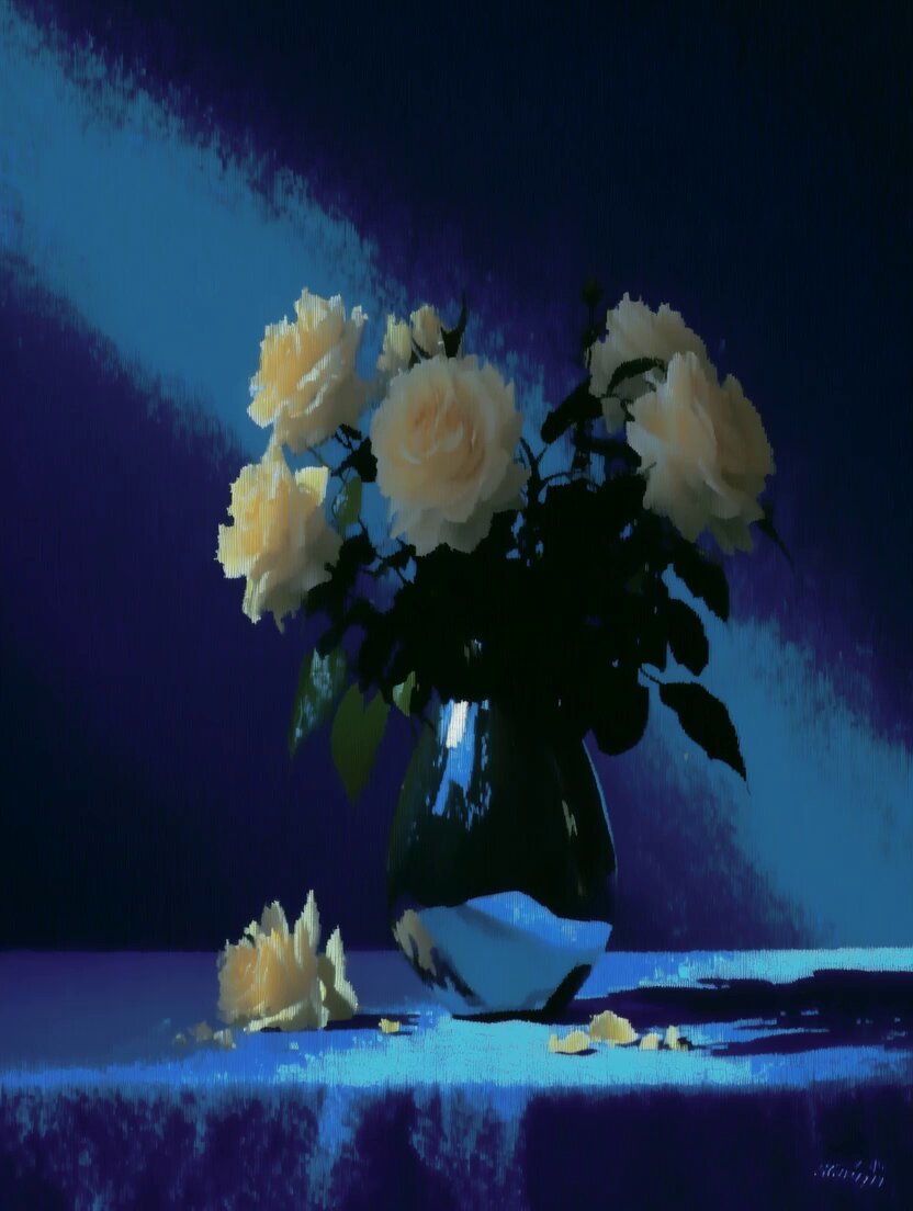 The image features a vase filled with white roses, placed on a table against a blue background. The roses are arranged in such a way that they fill most of the vase's space, creating an eye-catching display. There are also some flowers scattered around the table, adding to the overall visual appeal of the scene.
