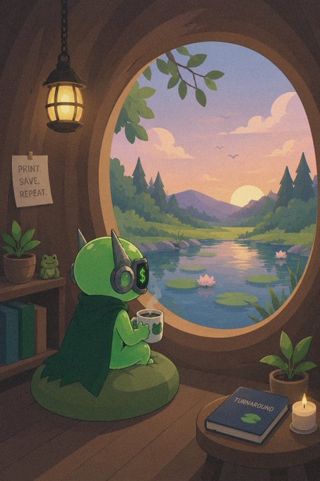 A digital illustration of a green cat-like character wearing dollar-sign headphones, sitting by a round window overlooking a sunset lake landscape, holding a mug, with "PRINT. SAVE. REPEAT." and "TURNAROUND" text visible.