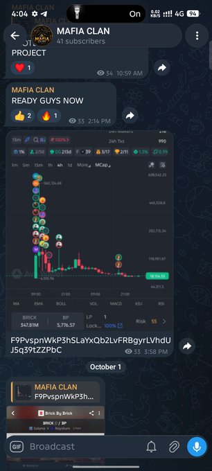 A Telegram chat screenshot from 'MAFIA CLAN' (41 subscribers) showing a meme token trading chart with a strong vertical price pump, along with crypto contract addresses and pump.fun links.