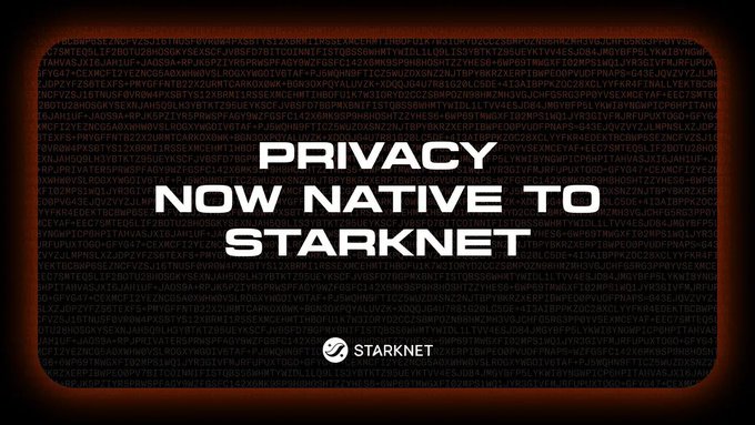 A Starknet promotional graphic with the text 'PRIVACY NOW NATIVE TO STARKNET' overlaid on a background of code.