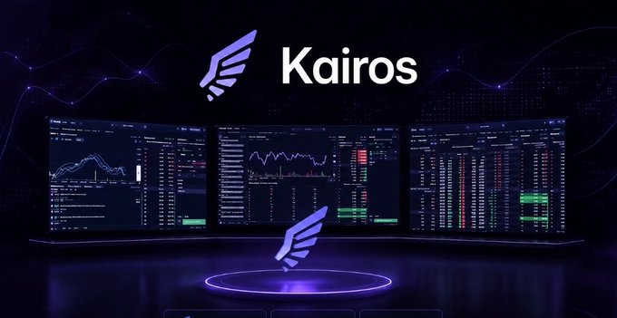 A dark-themed promotional graphic features the 'Kairos' logo with a winged symbol, displayed above three computer monitors showing financial trading charts and data.
