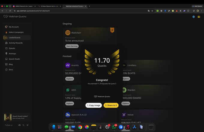 The image shows a computer screen displaying a webpage with a gold-colored trophy displayed at the top, along with text that reads "gQuack! I just earned 11.70 Quacks on @wallchain". The screenshot also includes various other elements such as logos and icons related to wallchain or Quacks.