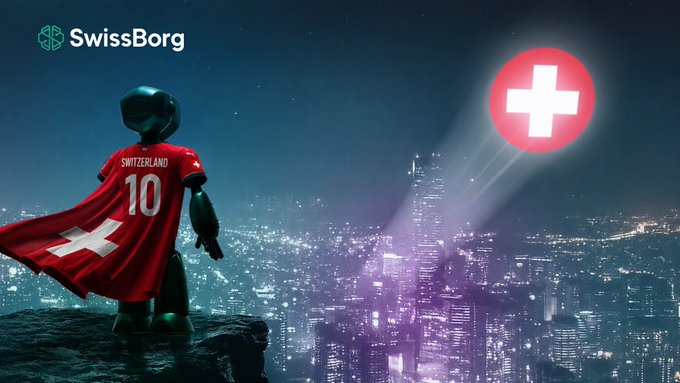 A robotic figure wearing a red cape marked 'SWITZERLAND 10' stands overlooking a glowing city at night, with a spotlight projecting the Swiss flag and a 'SwissBorg' logo in the corner.