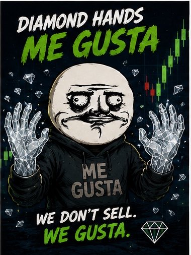 A promotional image shows the 'ME GUSTA' character with 'DIAMOND HANDS' and 'WE DON'T SELL. WE GUSTA.' written across it, alongside a green stock chart.