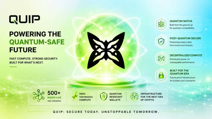 Marketing banner for 'QUIP - Powering the Quantum-Safe Future' highlighting features like 'Post-Quantum Secure', 'Decentralized Compute', and 'Built for the Quantum Era', noting '500+ Nodes Live'.