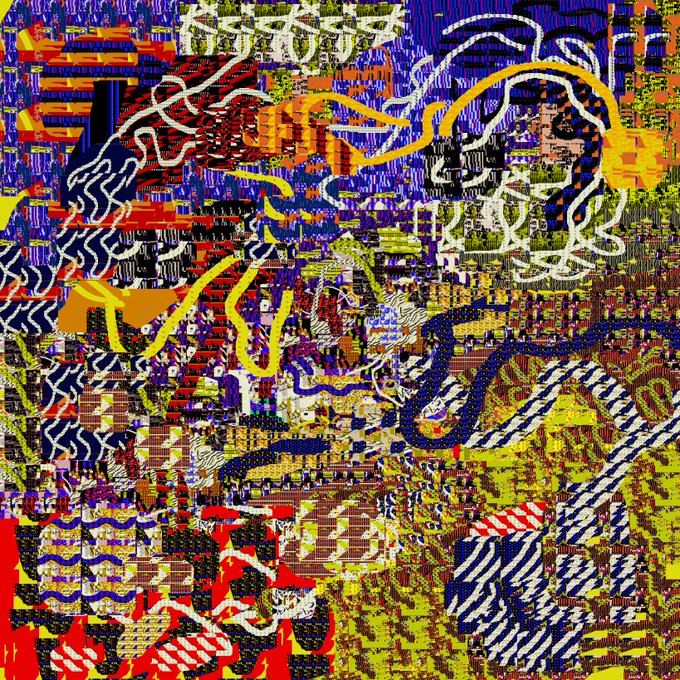 A chaotic, colorful abstract digital artwork with swirling patterns in yellow, blue, red, and green resembling abstract faces and shapes.