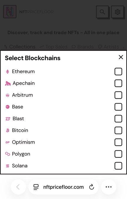 A mobile screenshot of the NFTPriceFloor website showing a "Select Blockchains" menu with options like Ethereum, Apechain, Arbitrum, Base, Blast, Bitcoin, Optimism, Polygon, and Solana.