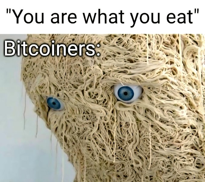 A meme featuring a creature made entirely of noodles with blue eyes, captioned "You are what you eat" — "Bitcoiners:" playing on the joke that Bitcoiners supposedly eat nothing but raw potatoes.