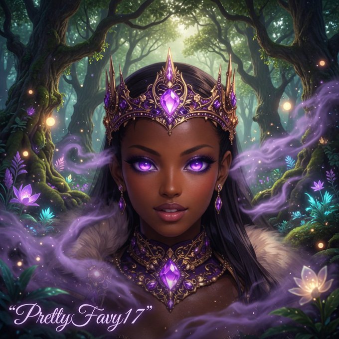 A digital fantasy artwork of a woman with dark skin, glowing purple eyes, and long black hair wearing an ornate purple gem-encrusted crown and jewelry, set in a mystical forest; the text "Pretty Fairy17" appears in the lower left corner.