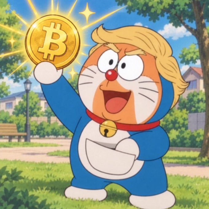 A cartoon depiction of Doraemon with blonde hair, holding up a glowing Bitcoin coin in a park setting.