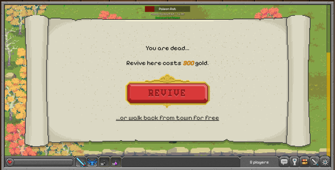 The image shows a computer screen displaying a game interface with two scrolls, one of which has a red button labeled "Revive" at the bottom right corner. The other scroll displays text that reads "You are dead... Revive here costs 100 gold." This suggests that players need to revive themselves by performing specific actions or completing certain tasks in order to progress through the game and avoid dying.