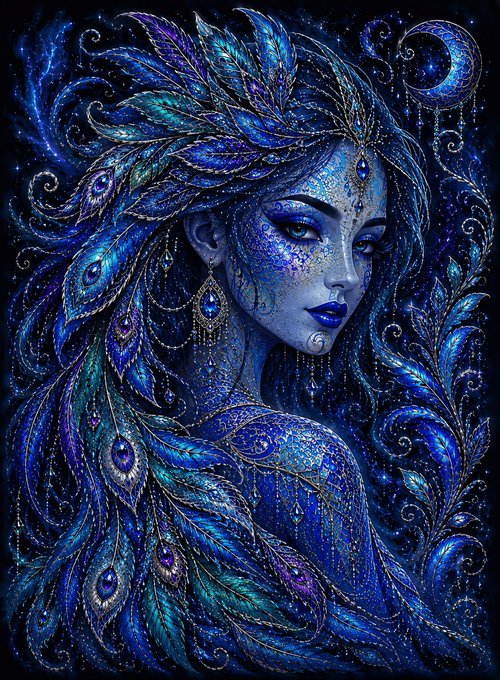 An intricate, fantasy-style illustration of a mystical blue-skinned female figure adorned with peacock feathers, jeweled details, and elaborate headwear, set against a dark background with crescent moons.