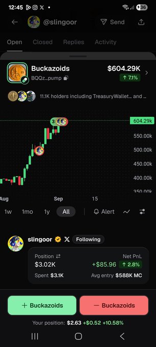 A mobile trading app showing a chart for 'Buckazoids' token (BQQZ.pump) up 71% to $604.29K, with a position of $3.02K on the account @slingoor.