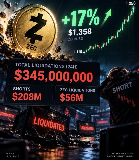 A Zcash (ZEC) crypto promotional graphic showing +17% to $1,358 ZEC/USD with $345M total liquidations ($208M shorts, $56M ZEC liquidations), dated 17/9/2026.
