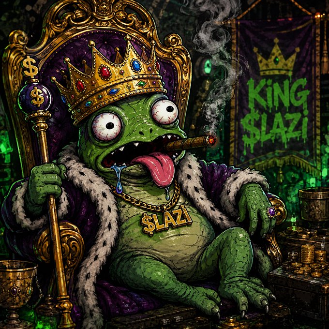 A green cartoon frog wearing a jeweled crown and fur-lined robe lounges on a golden throne, smoking a cigar with drool dripping from its tongue, displaying a "$LAZI" nameplate and a banner reading "KING $LAZI" in the background, surrounded by piles of gold coins—visually reinforcing the post's confident message of enduring "diamond hand" loyalty and patience with the $LAZI token.