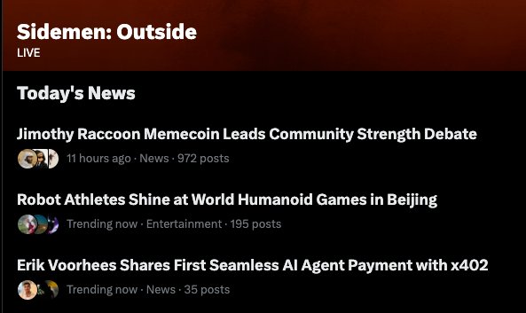 The image shows a "Sidemen: Outside" LIVE stream page featuring a "Today's News" section with headlines about the "Jimothy Raccoon Memecoin" leading community discussions with 972 posts, Robot Athletes at the World Humanoid Games, and Erik Voorhees' x402 payment news. The screenshot supports the post's claim about $Jimothy being the top memecoin, as it is listed first and has the highest engagement (972 posts) among today's trending news items.