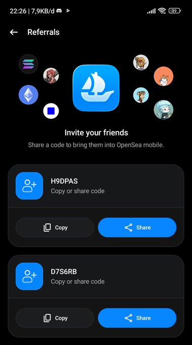 A mobile app screenshot showing the OpenSea Referrals page with 'Invite your friends' and two referral codes 'H9DPAS' and 'D7S6RB' with Copy and Share buttons.