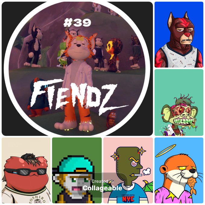 Collage image featuring various NFT characters labeled '#39 FTENDZ', created in Collageable, showing colorful cartoon creatures including a tiger-like figure and a dog in a pink outfit.