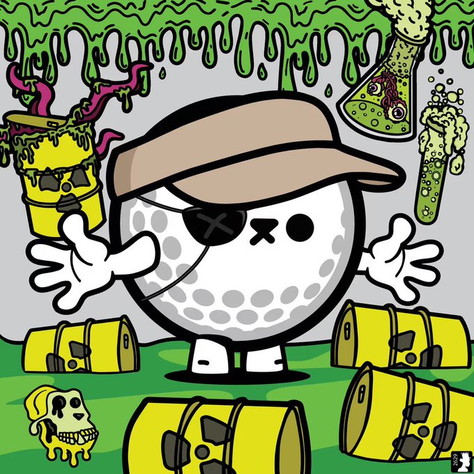 A cartoon illustration of a golf-ball-headed character wearing a hat and eye patch, surrounded by yellow barrels and green slime.