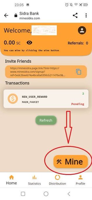 A screenshot of the Sidra Bank mobile website (minesidra.com) showing a user dashboard with 0.00 SC balance, a referral link, and a pending "NEW_USER_REWARD" transaction, with a red arrow highlighting the "Mine" button. The image illustrates the interface for mining Sidra Coin through the platform.
