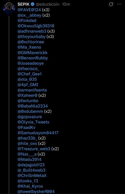 A screenshot of a Twitter/X post from verified user SEPIK (@educkcoin) listing usernames with multipliers (x2, x3), likely for a crypto giveaway.