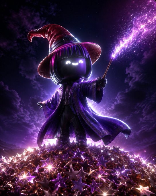 A digital artwork of a cute cartoon character dressed in a purple wizard robe and pink hat, holding a glowing magical wand while standing on a pile of glowing stars against a dark purple sky.