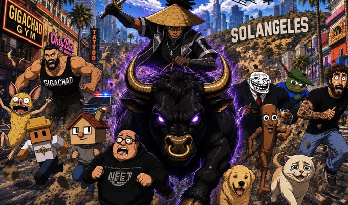 A chaotic, meme-style illustration depicts a ninja riding a glowing-eyed black bull through a chaotic "SOLANGELES" scene, surrounded by meme characters including a trollface, a Pepe frog, a muscular man in a "GIGACHAD" shirt, and figures labeled "NFET." The wild, satirical imagery of internet meme icons charging through the city reinforces the post's rallying cry to "DROP SOLANA WALLETS."