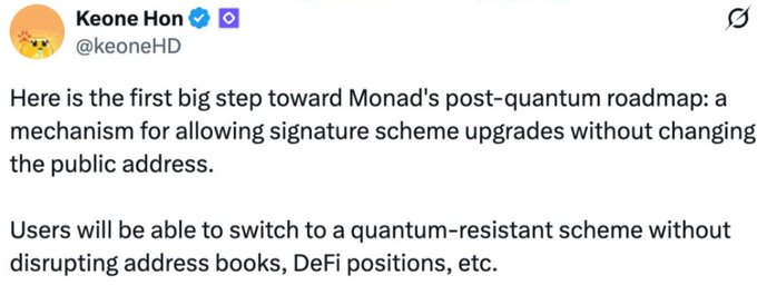 A tweet from Keone Hon (@keoneHD) discussing Monad's post-quantum roadmap, describing a mechanism for signature scheme upgrades without changing the public address.