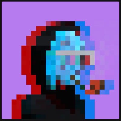 A pixel art illustration on a pink/purple background showing a hooded figure with a black hood, blue face covering, and red accents.