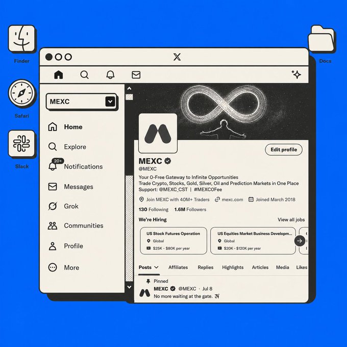 This is a screenshot of a MEXC profile page, styled like an early internet interface to represent the company as a "gateway to infinite opportunities." The profile prominently features their slogan and a large follower count of 1.6M.