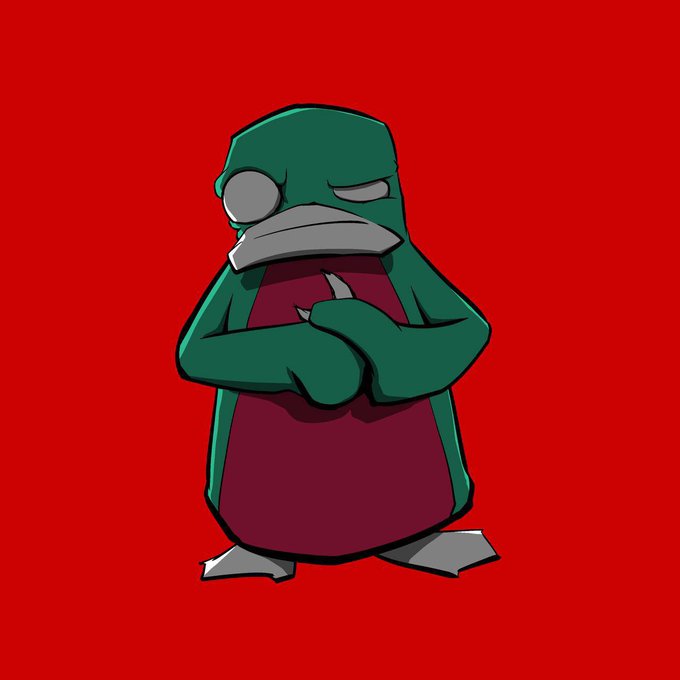 A cartoon illustration of a green, angry-looking duck or bird wearing a dark red apron with its arms crossed against a solid red background.