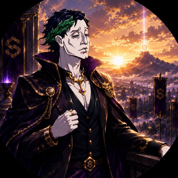 An anime-styled vampire nobleman with a laurel wreath and gold chain gazes over a sunset-lit kingdom, with a violet "S" emblem banner flying in the background—mirroring the "GM, CT" (Cryptocurrency Twitter) post's "level up" and "WAGMI" spirit of empowerment and ascension.