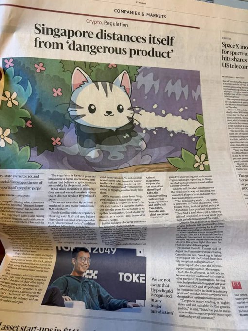 A newspaper page featuring an article titled "Singapore distances itself from 'dangerous product'" under the header "COMPANIES & MARKETS - Crypto, Regulation," alongside a cartoon of a cat in foliage, a person at a TOKEN2049 event, and "Hyperliquid Labs" mentioned in the text. The accompanying caption notes that $HYPE is trading as if S3 wasn't announced, though Singapore's reported distancing from Hyperliquid-related products doesn't appear to be weighing on the token's price in this context.