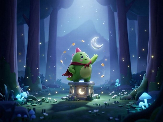 A cute green dinosaur-like character wearing a red cape and nightcap stands on a glowing moon-emblazoned pedestal, reaching toward a crescent moon surrounded by magical golden sparkles in a mystical nighttime forest with bioluminescent mushrooms. The whimsical scene directly illustrates the post's theme of a sleep-tracking gamified system where users earn rewards by going to bed early, evoking the fantasy of turning sleep into an enchanting, treasure-filled adventure.