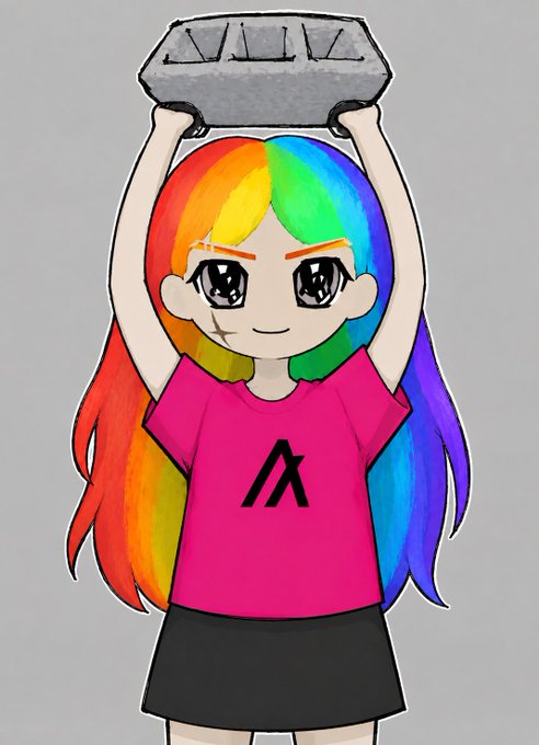 urn of gold and black, with a rainbow-colored face and long hair, is held by a girl in a pink shirt against a gray background.