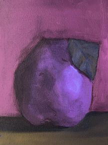 A minimalist painting of a purple pear or rounded fruit with a green leaf resting on a surface against a muted pink background.