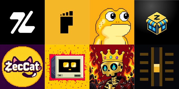 A collage featuring various pixel art and graphic designs including a 'Z' logo, a foot icon, a yellow frog-like character, an isometric box, a 'ZecCat' logo with a cat, a glitch-style monitor face, a crowned skeleton with fiery flames, and an abstract gold and black design.