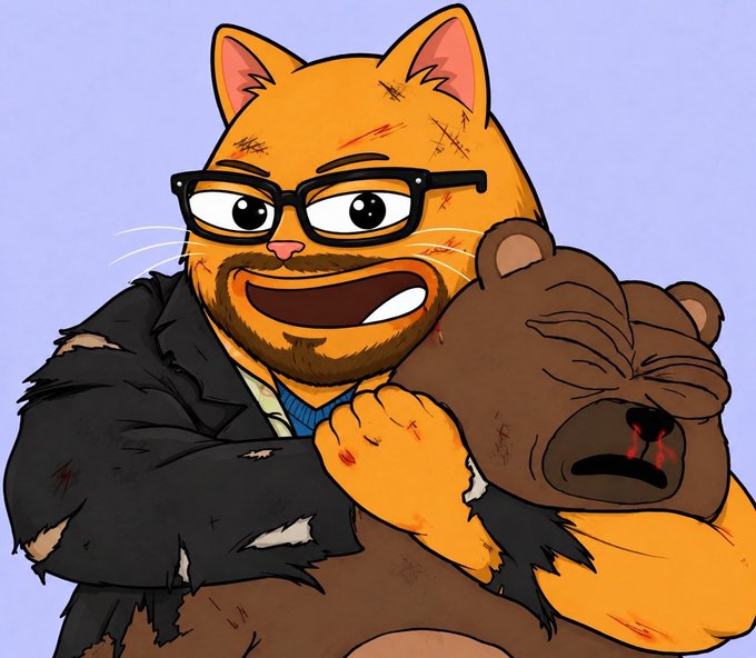A digital illustration shows an anthropomorphic orange cat with glasses, scratches on its face, and a torn dark coat, holding a battered brown bear with a bloody nose against a plain purple background.