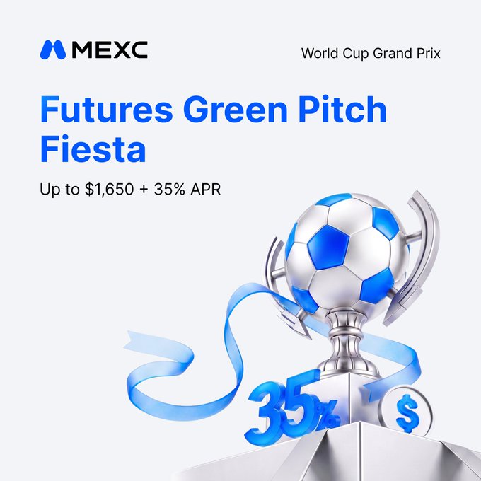 "Your assets: Futures Green Pitch Fiesta: Wake up." Up to $1,650 in rewards Up to 35% APR Time to make your assets work harder. mexc.com/Campaigns/Marg (5-35 seconds). The title of the image is 'Futures Green Pitch Fiesta'.