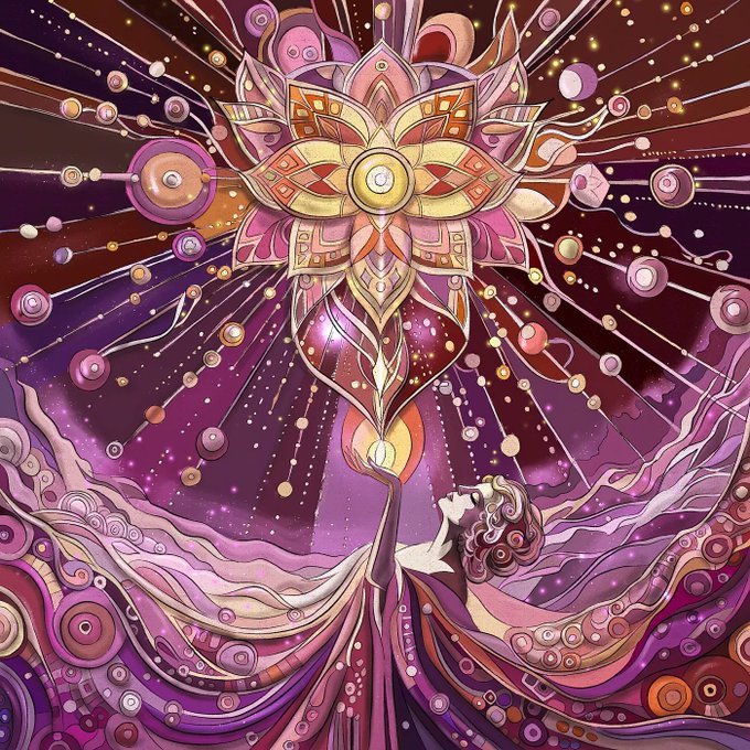 A vibrant, intricate illustration depicts a figure with flowing purple robes gazing up at an ornate, glowing lotus-like celestial structure surrounded by radiating cosmic patterns.