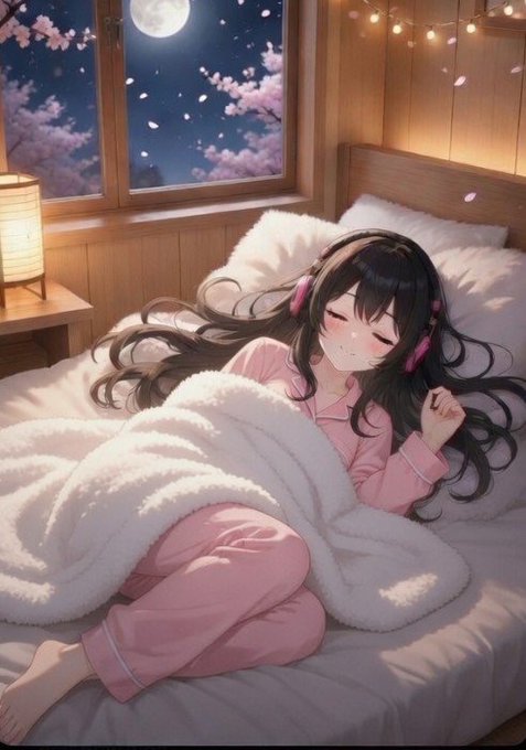Anime-style illustration of a girl with long black hair wearing pink pajamas and headphones, sleeping peacefully in a cozy bed with a moonlit window view of cherry blossoms.