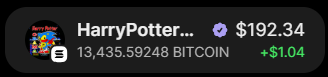 A digital ticker displays 'HarryPotter...' with a verified checkmark, showing a price of $192.34 and '13,435.59248 BITCOIN', up $1.04.