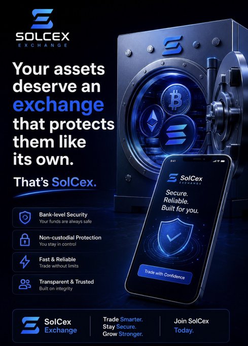 A promotional graphic for 'SolCex Exchange' featuring a vault with Bitcoin and Ethereum logos, a smartphone displaying the app, and text emphasizing 'Bank-level Security', 'Non-custodial Protection', and 'Fast & Reliable' trading.