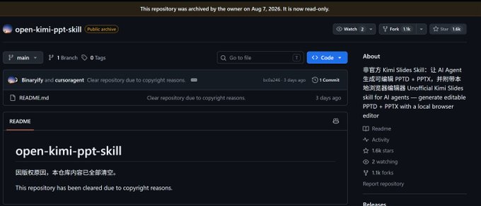 A screenshot of a GitHub repository page titled "open-kimi-ppt-skill" by user "cursorage1", showing that the repository was archived on Aug 7, 2026, and has been cleared due to copyright reasons.