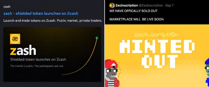 The image displays two promotional graphics: on the left, a dark-themed ad for Zcash featuring the tagline "Shielded token launches on Zcash" with the text "The market is public. The participants are not," while on the right, a pixel-art styled yellow announcement from "Zecinscription @Zecinscription" dated Sept 7 declaring "WE HAVE OFFICIALLY SOLD OUT, MARKETPLACE WILL BE LIVE SOON" in retro "LIMITED OUT" lettering. The visuals align with the post's highlighting of growing Zcash ecosystem builders like @zec_bit developing private NFT marketplaces around shielded assets and projects like SHLD dot fun driving ecosystem engagement.