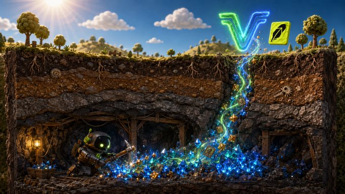 A miner digs for glowing blue and gold crypto coins inside a rocky underground cavern, with a neon "$V" logo and a green token icon floating above the landscape. The scene visually represents $VENA's VenaLand blockchain game and its airdropped land chests, symbolizing the project's mining of real utility within its digital ecosystem.