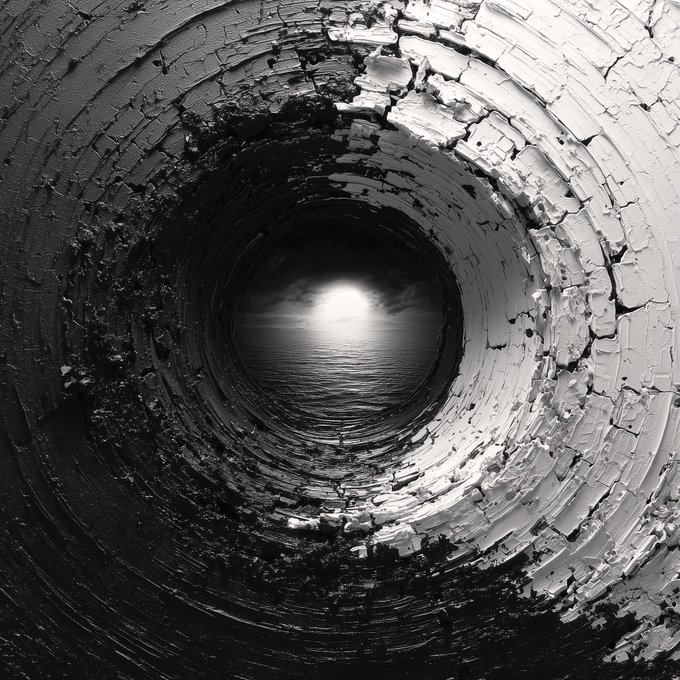 A high-contrast black and white image looks down a crumbling, textured tunnel toward a bright, glowing light reflecting on a body of water.