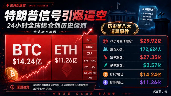 A Chinese financial graphic with red and dark backgrounds announces '特朗普信号引爆逼空' (Trump's signal triggers short squeeze) with '24小时全球爆仓创历史级别' (24-hour global liquidation reaches historic levels). It displays liquidation figures including BTC at $14.24亿 (1.424 billion) and ETH at $11.26亿 (1.126 billion), with a '历史第八大清仓事件' (8th largest historical liquidation event) badge.