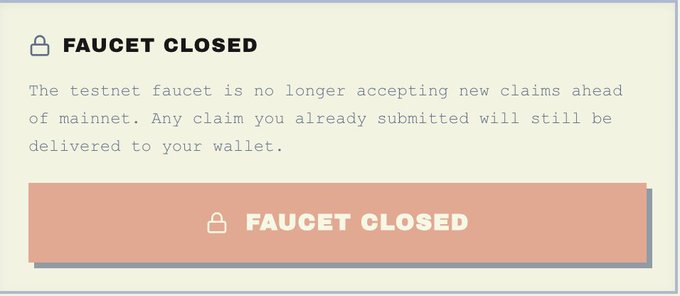 The image shows a screenshot from an online banking application displaying a message about a faucet that has been closed. The text within the photo suggests that the testnet faucet, which was once in use, has now been closed off for various reasons, possibly due to changes in the mainnet or issues related to mining and claims. The image also contains the caption "Faucet Closed" indicating that this is a significant update on the subject of the faucet's status.